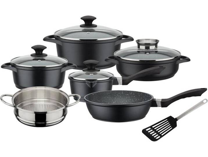 GSW Topf-Set Gourmet Granit, Aluminiumguss (Set, 11-tlg., Kochtopf 20/24, Stieltopf 16, 2 Pfannen 24cm, 1 Dämpfer, Pfannenwender), Induktion, schwarz von OTTO