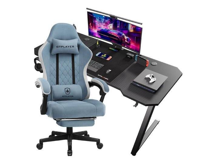 GTPLAYER Gaming-Stuhl Ergonomischer Gaming Sessel Schreibtischstuhl mit Stoffoberfläche (Pacekung), Federsitzkissen mit Fußstütze, blau, +tisch von OTTO