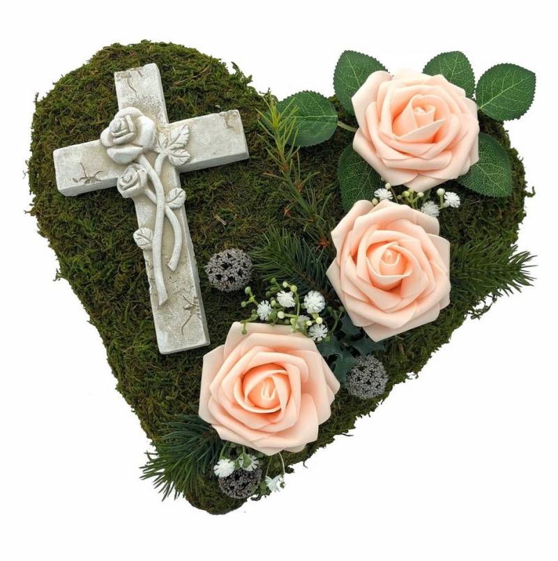 Gestecke Grabgesteck Grabschmuck Grabherz Kreuz Trauerherz Gesteck rosa Rosen, Radami von Radami