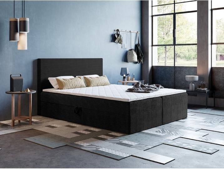 Godre Boxspringbett 170x180 cm - mit Bettkasten und Topper ARES - Bonell Matratze (Bett + Matratze + Topper T-25), Bett mit zwei seitlich zu öffnenden Kästen, schwarz, Stoff Poso von OTTO