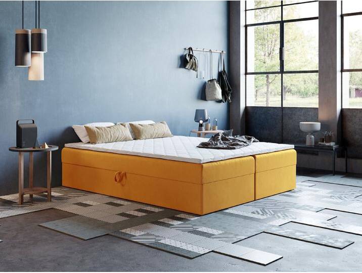 Godre Boxspringbett mit Bettkasten ARES 2 - 120x200 cm - Bonell Matratze und Topper (Bett + Matratze + Topper T-25), Bett mit zwei seitlich zu öffnenden Kästen, orange, Stoff Kronos von OTTO