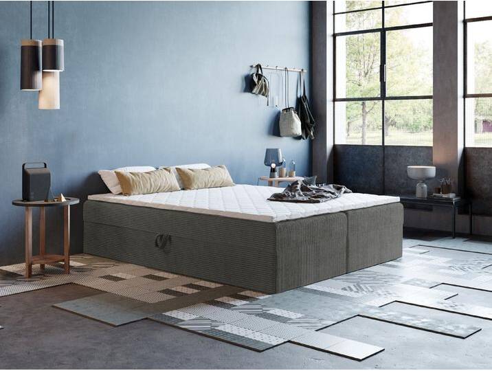 Godre Boxspringbett mit Bettkasten ARES 2 - 130x200 cm - Tashen Matratze und Topper (Bett + Matratze + Topper T-25), Bett mit zwei seitlich zu öffnenden Kästen, grau, Stoff Poso von OTTO