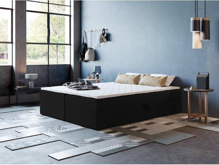 Godre Boxspringbett mit Bettkasten ARES 2 - 140x200 cm - Tashen Matratze und Topper (Bett + Matratze + Topper T-Visco), Bett mit zwei seitlich zu öffnenden Kästen, schwarz, Stoff Kronos von OTTO