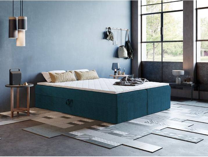 Godre Boxspringbett mit Bettkasten ARES 2 - 160x180 cm - Bonell Matratze und Topper (Bett + Matratze + Topper T-Visco), Bett mit zwei seitlich zu öffnenden Kästen, blau von OTTO