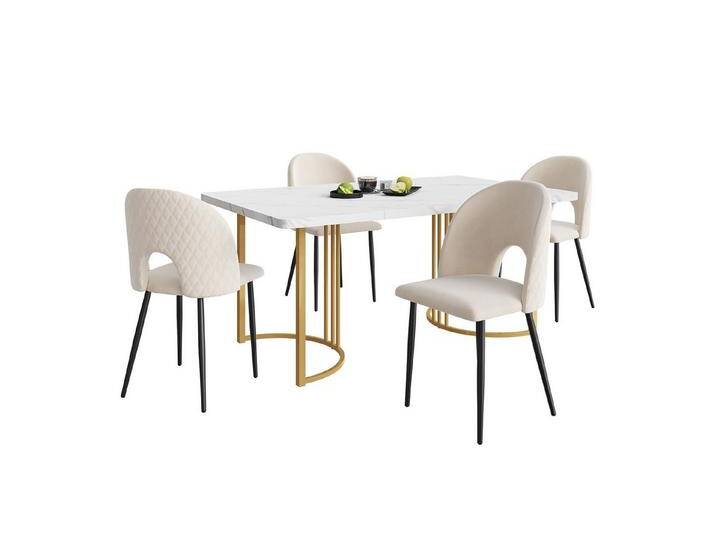 Gotagee Essgruppe Esstisch Küchentisch Set (5-tlg) 140×80cm Sitzgruppe mit 4 Stühlen, Weiß(Tischplatte)+Golden(Tischbeine) von OTTO