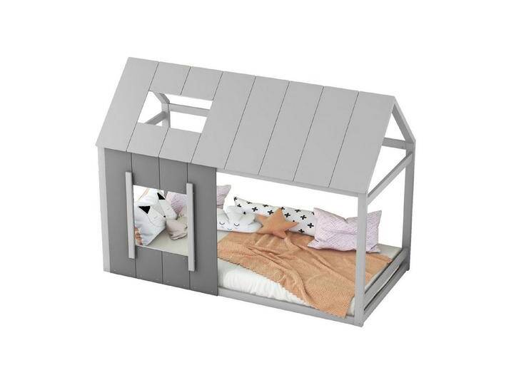 Gotagee Hausbett Kinderbett mit Dach Fenster Einzelbett Flachbett 90x200cm Gästebett, Einzelhaus-Flachbett mit Dach und Fenster, Grau von OTTO