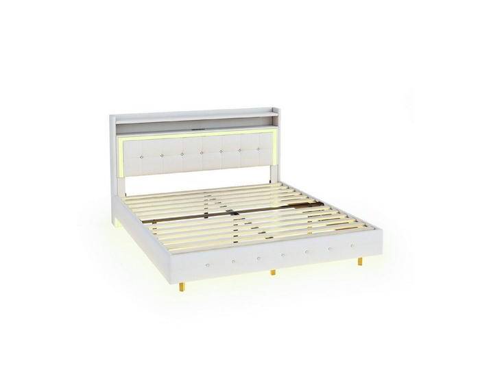 Gotagee Polsterbett Jugendbett LED Doppelbett mit USB-Steckdose Gästebett flaches Bett, Doppelflachbett, Leinenstoff, 140x200cm von OTTO