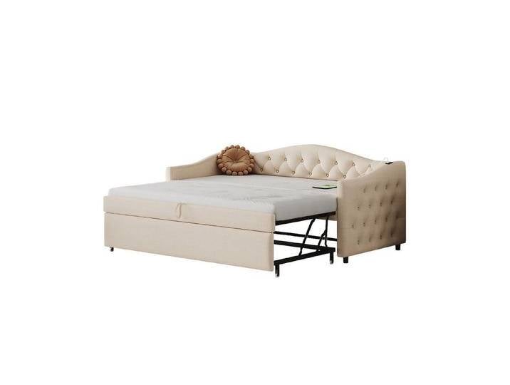 Gotagee Polsterbett Schlafsofa Skalierbar Mit USB-Anschluss Einzelbett Gästebett 90x200cm, Klassische Form mit Knöpfen mit Lattenrost, Beige von OTTO