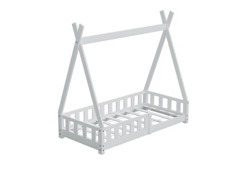 HAGO Kinderbett 140x70cm Weiß Tipi Bettgestell Holzhaus Zeltoptik Rausfallschutz Latte, Niedriger Ein- und Ausstieg, Tipi-Design, Montessori-inspiriert von HAGO