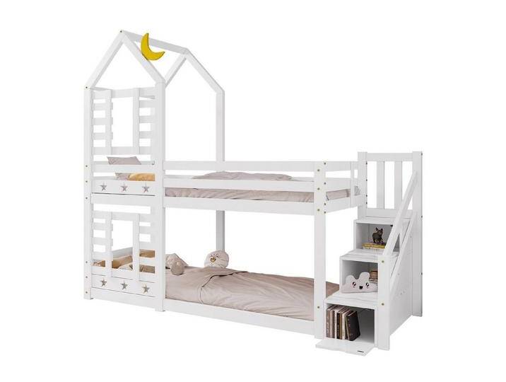 HAUSS SPLOE Etagenbett Etagenbett Holzbett Kinderbett Hochbett Bettrahmen Einzelbett (Hausbett mit Stauraum unter der Treppe 90x200cm), weiß von OTTO