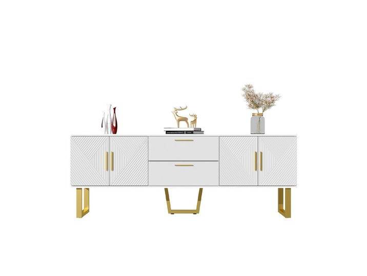 HAUSS SPLOE Lowboard 170 cm weißer Hochglanz-TV-Schrank, vier Türen und zwei Schubladen (Fernsehtisch mit Metallfüße, 1 St., 4 Türen und 2 Schubladen), mit Erhabenes Linienmuster, Dämpfscharniere von OTTO