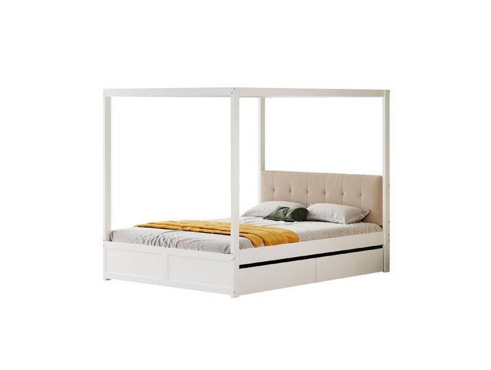 HAUSS SPOLE Bett 140x200cm Himmelbett mit Schubladen und Rückenlehne, Holz, weiß (mit großen Schubladen und weicher Rückenlehne, Holz, 140x200 cm) von OTTO