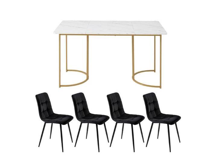 HAUSS SPOLE Essgruppe 5-tlg Esstisch mit Golden Metallbeinen und 4 Samt Stühlen Set, Weiß, (Moderner Küchentisch Set, 5-tlg., mit Samt Esszimmerstühle), 140×80cm Küchentisch mit Metallbeinen, MDF Tischplatte von OTTO