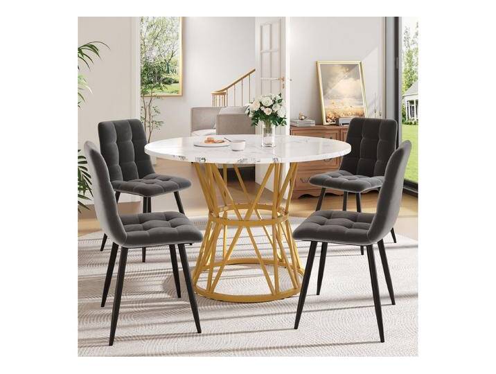HAUSS SPOLE Essgruppe 5-tlg mit 4 Stühlen, Runder Küchentisch mit goldenen Metallbeinen, (Modernes 5-teiliges Esstisch-Set mit 100 cm MDF-Marmor-Tischplatte, verstellbaren Metallbeinen & samtbezogenen Stühlen., 5-tlg) HAUSS SPOLE Essgruppe 5-tlg mit 4 Stühlen, Runder Küchentisch mit goldenen Metallbeinen, (Modernes 5-teiliges Esstisch-Set mit 100 cm MDF-Marmor-Tischplatte, verstellbaren Metallbeinen & samtbezogenen Stühlen., 5-tlg) von OTTO