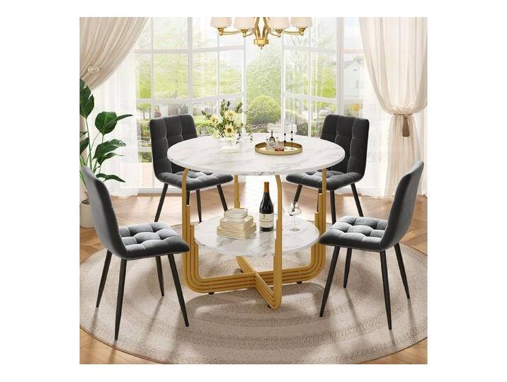 HAUSS SPOLE Essgruppe 5-tlg mit 4 Stühlen, Runder Küchentisch mit goldenen Metallbeinen, (Modernes 5-teiliges Esstisch-Set mit MDF-Marmor-Tischplatte, verstellbaren Metallbeinen & samtbezogenen Stühlen., 5-tlg., 80×80×76cm) von OTTO