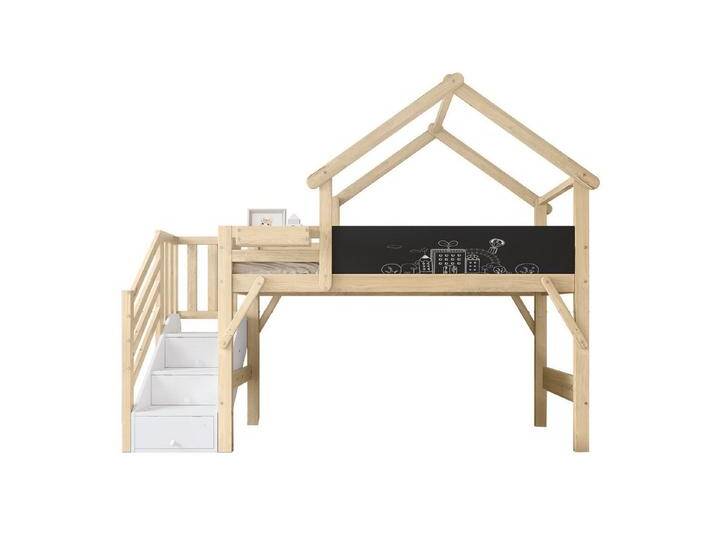HAUSS SPOLE Etagenbett 90x200cm mit Gitter, 3 Schließfächer in der Treppe, Weiß+Natur (Etagenbett für Kinder mit Graffiti-Tafel, Dachdesign & Stauraumtreppe., 90x200 cm) von OTTO