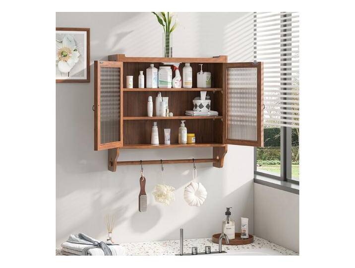 HAUSS SPOLE Hängeschrank 63cm Wandschrank Badezimmerschrank Küchenschrank mit zwei Glastüren (Vintage 63 cm Wandregal mit Doppelglastüren – 3 Stufiger Stauraum mit Handtuchhalter, Naturholz – Wandmontage für Badezimmer, Küche von OTTO