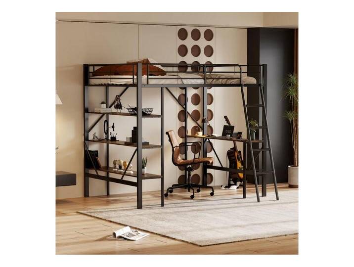 HAUSS SPOLE Hochbett 90x200cm mit Schreibtisch und 3 großen Ablagen für Kinder, schwarz, mit Schreibtisch und 3 großen Ablagen und Leiter von OTTO