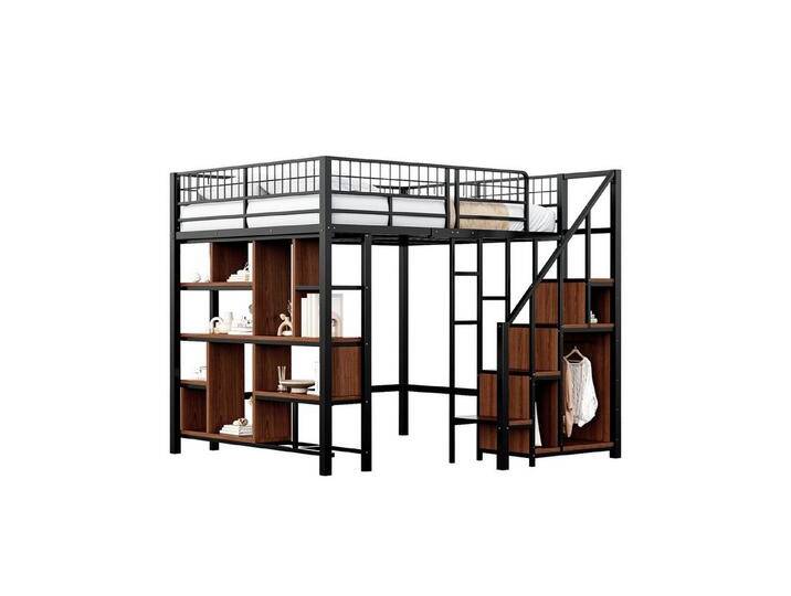 HAUSS SPOLE Kinderbett 140x200cm, Metallbett mit Stauraum, Ablageflächen und Treppe, schwarz (Multifunktionales Hochbett, mit Stauraumtreppe, Einbauschrank und großem Arbeitsbereich, 140 x 200 cm), ohne Matratze von OTTO