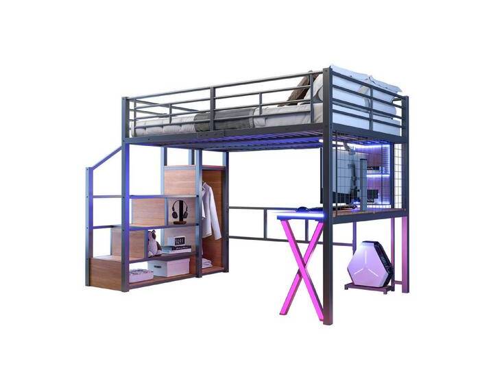 HAUSS SPOLE Kinderbett 140x200cm mit Ambientelicht, Schreibtisch, Kleiderschrank, Schwarz (Jugendbett Metallbett Eisenbett mit Schreibtisch & Kleiderschrank, Ideal für Jugendzimmer & Studentenwohnungen), ohne Matratze von OTTO