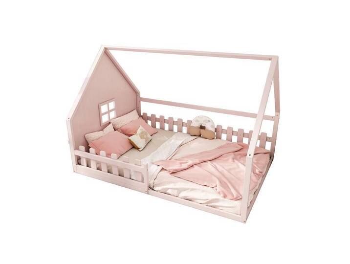 HAUSS SPOLE Kinderbett 140x200cm mit Zäune und Lattenrost Kinderbett in Hausform, Rosa (Kinderbett mit Hausleiste,Kiefernholzrahmen, Geländer, Traumhaus-Design, 140 x 200 cm), ohne Matratze, rosa von OTTO