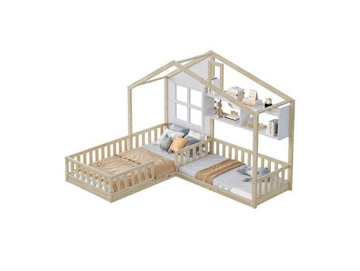 HAUSS SPOLE Kinderbett 90x200/140x70cm in Hausform Mit Regalen und Sicherheitsgitter Natur (Kinderbett,Hausform mit Fenster & Schornstein, Massivholzrahmen, Regalen & Sicherheitsgitter., 90x200 cm (140x70 cm) von OTTO