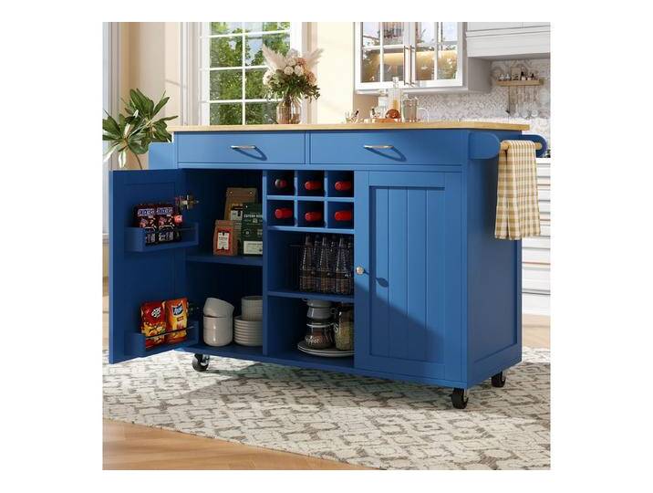 HAUSS SPOLE Kücheninsel Küchenschrank, buffetschrank, Speisewagen mit Speicherraum, Blau, (Moderne Kücheninsel mit Holzmaserung – Multifunktionaler Speisewagen, flexibler Stauraum, verstellbares Weinregal & 360° Lenkrollen – Perfekt für Küche, Esszimmer & Werkstatt), blau von OTTO