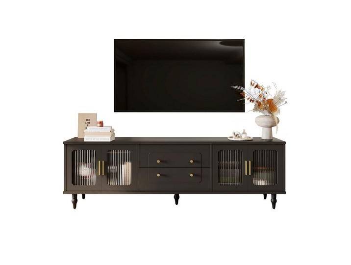 HAUSS SPOLE Lowboard mit goldene Griffe, viel Stauraum, Glastür und Beinen aus Massivholz (TV-Möbel im Retro-Stil, mit 4 Tür 4 Metallbeinen), aus Spanplatte von OTTO