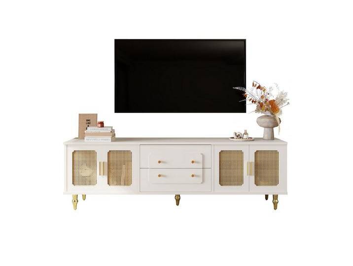 HAUSS SPOLE Lowboard mit goldene Griffe, viel Stauraum, Rattantür und Beinen aus Massivholz (TV-Möbel im Retro-Stil, mit 4 Tür 4 Metallbeinen), aus Spanplatte von OTTO