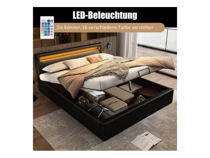 HAUSS SPOLE Polsterbett 140 x 200 cm mit LED-Beleuchtung, Lattenrost und Stauraum, Schwarz, schwarz, mit Matratze, Schwarz von OTTO