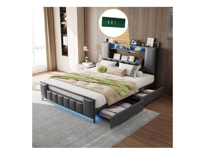 HAUSS SPOLE Polsterbett 140x200cm mit LED-Licht, USB-Steckdose, Schubladen, Kunstleder, Grau, grau, Schubladen: 4 St., mit Matratze, Grau HAUSS SPOLE Polsterbett 140x200cm mit LED-Licht, USB-Steckdose, Schubladen, Kunstleder, Grau, grau, Schubladen: 4 St., mit Matratze, Grau von OTTO