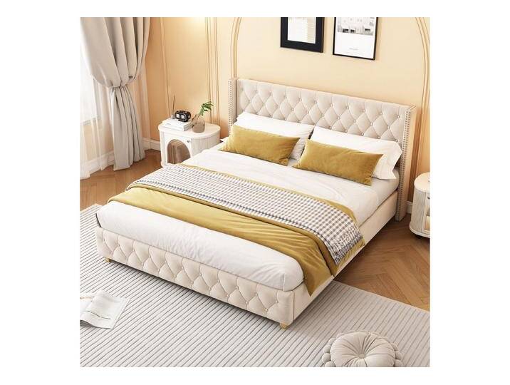 HAUSS SPOLE Polsterbett 160x200 mit Lattenrost und Kopfteil, Nietenpolsterung, Samt, Hellbeige, beige, mit Matratze, Hellbeige von OTTO