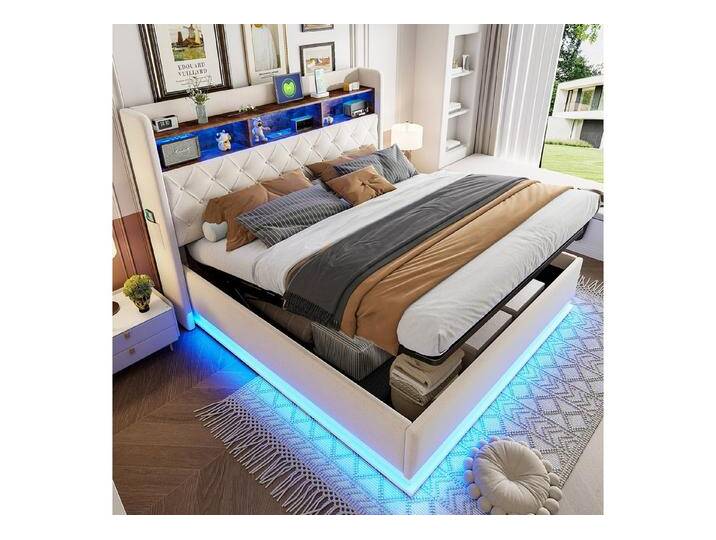HAUSS SPOLE Polsterbett 180x200cm Stauraumbett mit USB-Ladeanschluss, LED-Licht, Leinen, Beige (LED-Polsterbett,mit USB-Ladeanschluss & hydraulischem Stauraum, Mehrfarbige LED-Beleuchtung, Stabiles Metallgestell & Strapazierfähiger Leinenstoff., 180 x 200 cm), ohne Matratze, beige von OTTO