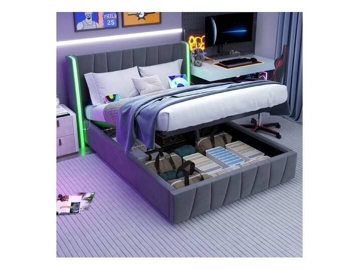 HAUSS SPOLE Polsterbett Doppelbett Bettgestell Jugendbett Stauraumbett mit USB (Begestell mit USB-Anschluss & LED-Beleuchtung, mit Hydraulisch anhebbarer Bettstauraum, weich breit Kopfteil Polsterung aus Schaum), 140x200 cm, Samtstoff, Ohne Matratze, Grau von OTTO