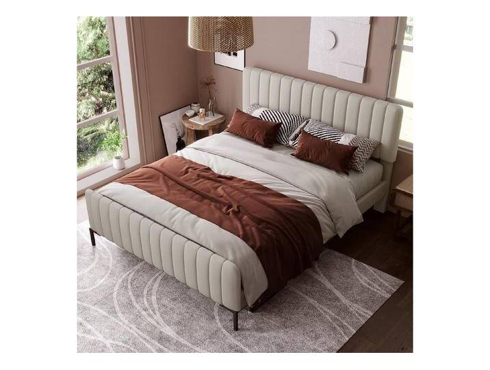 HAUSS SPOLE Polsterbett Doppelbett Holzbett Polsterbett Bettrahmen Funktionsbett (160 x 200 cm Beige Inklusive-Matratze), Bettgestell mit Lattenrost und Verstellbares Kopfteil von OTTO