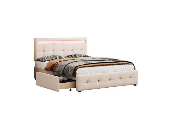 HAUSS SPOLE Polsterbett Doppelbett Polsterbett Funktionsbett Bettrahmen (mit LED, Lattenrost & Bettkasten auf Rollen, mit Kopfteil & 4 Schubladen), 140 x 200 cm, beige von OTTO
