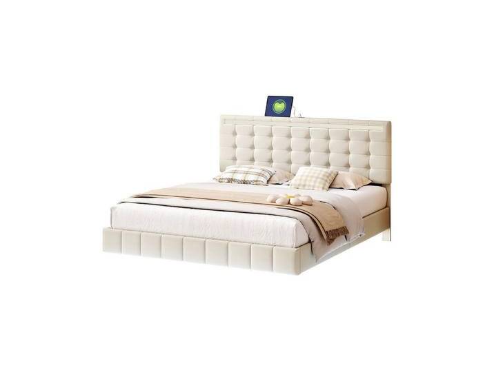 HAUSS SPOLE Polsterbett Polsterbett Doppelbett Funktionsbett Bettrahmen (hautfreundlichem Leinen Beige 160 x 200 cm, gepolsterter Schwebebettrahmen mit LED-Leuchten und Kopfteildesign), hautfreundlichem Leinen Beige von OTTO