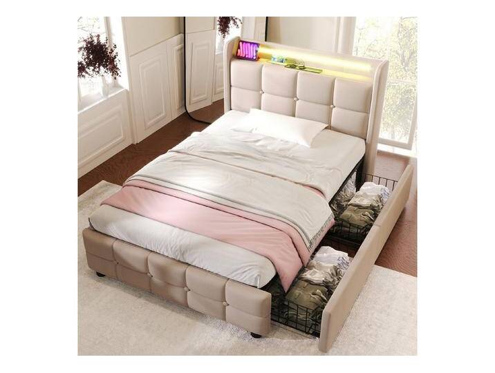HAUSS SPOLE Polsterbett Polsterbett Doppelbett Funktionsbett Bettrahmen mit Schubladen (mit aufladen USB Ladefunktion LED-Beleuchtung und 2 Schubladen, 90 x 200 cm ohne-Matratze), beige, Schubladen: 2 St. von OTTO