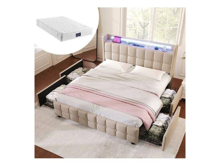 HAUSS SPOLE Polsterbett Polsterbett Doppelbett Funktionsbett Bettrahmen mit Schubladen (mit aufladen USB Ladefunktion LED-Beleuchtung und 4 Schubladen, 160 x 200 cm Inklusive Matratze), beige, Schubladen: 4 St. von OTTO