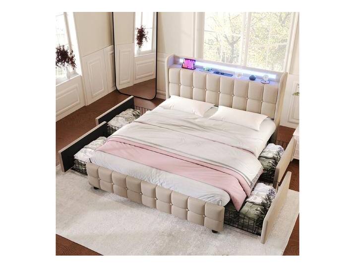 HAUSS SPOLE Polsterbett Polsterbett Doppelbett Funktionsbett Bettrahmen mit Schubladen (mit aufladen USB Ladefunktion LED-Beleuchtung und 4 Schubladen, 160 x 200 cm Ohne matratze), beige, Schubladen: 4 St. von OTTO