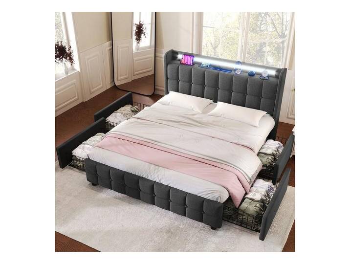 HAUSS SPOLE Polsterbett Polsterbett Doppelbett Funktionsbett Bettrahmen mit Schubladen (mit aufladen USB Ladefunktion LED-Beleuchtung und 4 Schubladen, 160 x 200 cm Ohne matratze), grau, Schubladen: 4 St. von OTTO