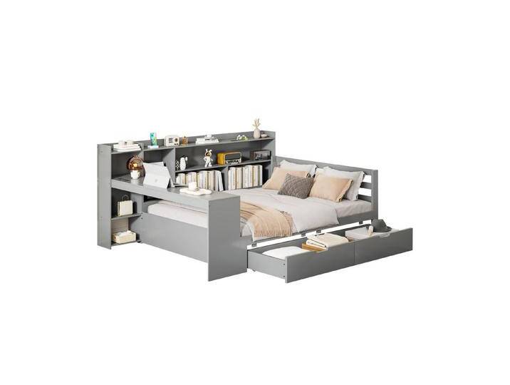 HAUSS SPOLE Schlafsofa 140x200 cm mit Schreibtisch Bücherregal, Steckdose, 2 Schubladen, Grau, Multifunktionales Schlafsofa aus Massivholz 140x200 cm mit Schreibtisch, Bücherregal und Steckdose, Ohne Matratze, grau von OTTO