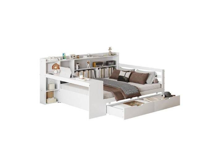 HAUSS SPOLE Schlafsofa 140x200 cm mit Schreibtisch Bücherregal, Steckdose, 2 Schubladen, Weiß, Multifunktionales Schlafsofa aus Massivholz 140x200 cm mit Schreibtisch, Bücherregal und Steckdose, Ohne Matratze, weiß, Mit Schublade von OTTO