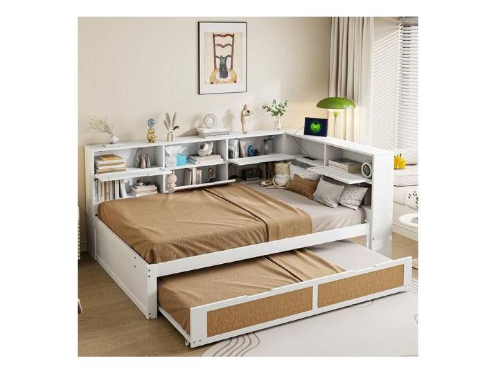 HAUSS SPOLE Schlafsofa 140x200 mit Ausziehbett, vielen Staufächern und Ladeanschluss Weiß, Multifunktionales Holz-Schlafsofa 140x200 cm mit Ausziehbett, Stauraum & USB-Ladeanschluss – Ideal für Kinderzimmer & Gästezimmer – Modernes Design, ohne Matratze von OTTO