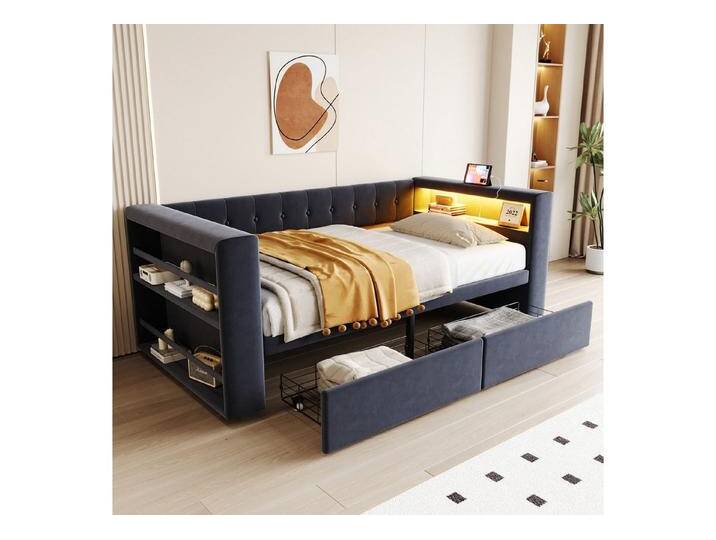 HAUSS SPOLE Schlafsofa 90x190 mit Schubladen&Ablagefach,Daybett Tagesbett mit LED&Steckdose, mit LED-Beleuchtung, Steckdose & großem Stauraum 90×190 cm, ohne Matratze, grau von OTTO