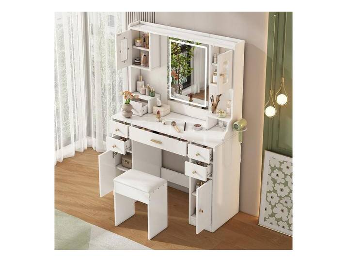 HAUSS SPOLE Schminktisch mit LED-Spiegel,Frisiertisch weiß mit Steckdosen & 6 Schubladen (Schminktisch mit LED-Beleuchtung & Steckdosen – 6 Schubladen, 4 Türen & Föhnhalter – HD-Spiegel., B105/D40/H152 cm), Mit Kippsicherung HAUSS SPOLE Schminktisch mit LED-Spiegel,Frisiertisch weiß mit Steckdosen & 6 Schubladen (Schminktisch mit LED-Beleuchtung & Steckdosen – 6 Schubladen, 4 Türen & Föhnhalter – HD-Spiegel., B105/D40/H152 cm), Mit Kippsicherung von OTTO