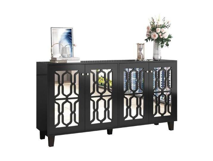 HAUSS SPOLE Sideboard 160x40x84cm mit 4 Türen, beweglichem Regal, für Wohnzimmer schwarz (mit Spiegelelementen und geometrischem Trellis-Muster, Anrichte, B/H/T: 1160 x 84x 40 cm), modernes Design von OTTO