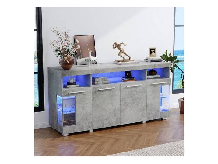 HAUSS SPOLE Sideboard Hochglanz mit LED Licht, Seitenschrank aus Glas mit 3 Fächern Grau (Beistelltisch Kommode, Anrichte, 1 St., 9 Fächern) von OTTO