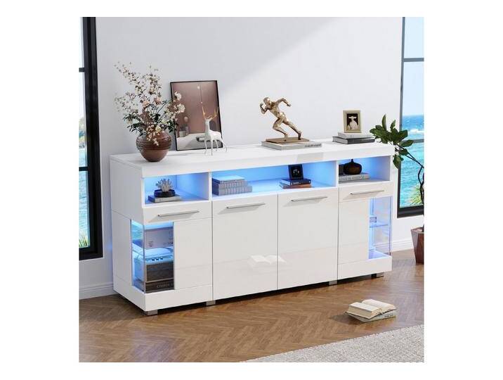 HAUSS SPOLE Sideboard Hochglanz mit LED Licht, Seitenschrank aus Glas mit 3 Fächern Weiß (Beistelltisch Kommode, Anrichte, 1 St., 9 Fächern), mit LED Licht von OTTO