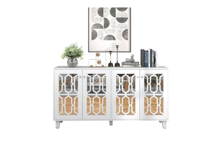 HAUSS SPOLE Sideboard Sideboard Kommode Beistellschrank Aufbewahrungsschrank (Weiß verspiegelte Anrichte mit kühlen Kristallgriffen und vier Türen), modernes Design von OTTO